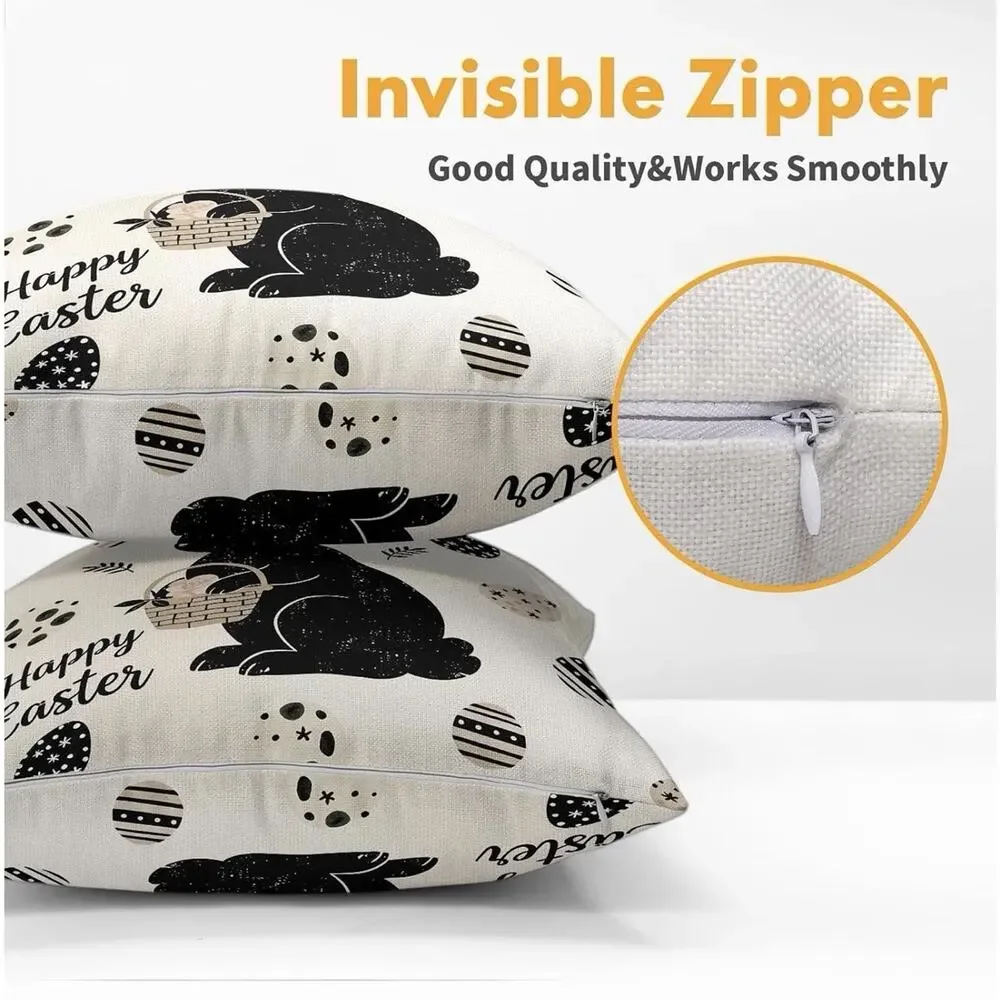 Happy Easter Bunny Pillow Covers 18X18 Inch Linen Black White 2 Pc